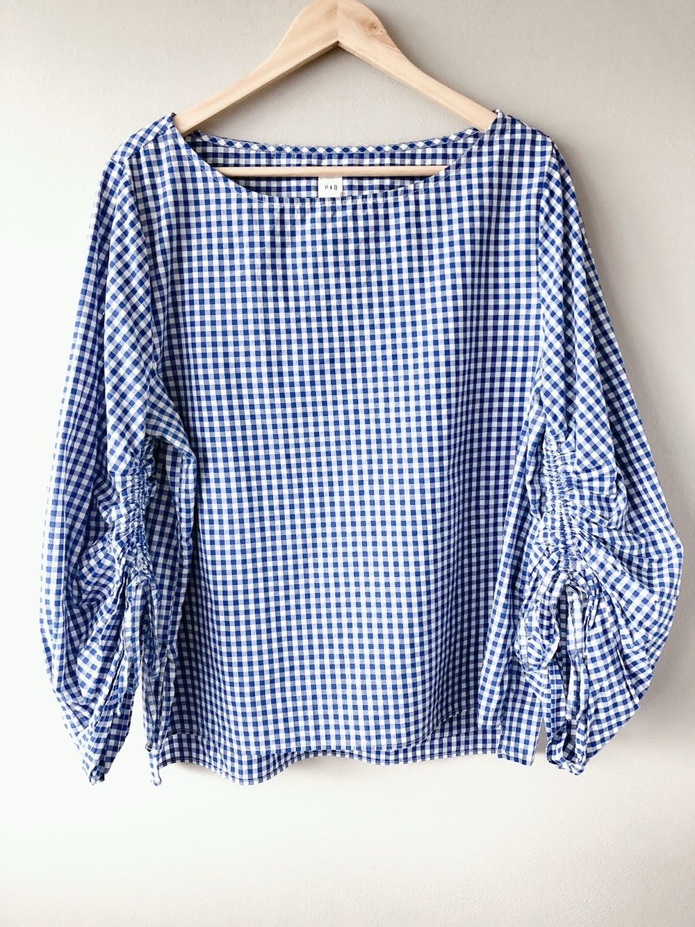 GAP Blue Gingham Ruched Balloon-Sleeve Top western country cowgirl large